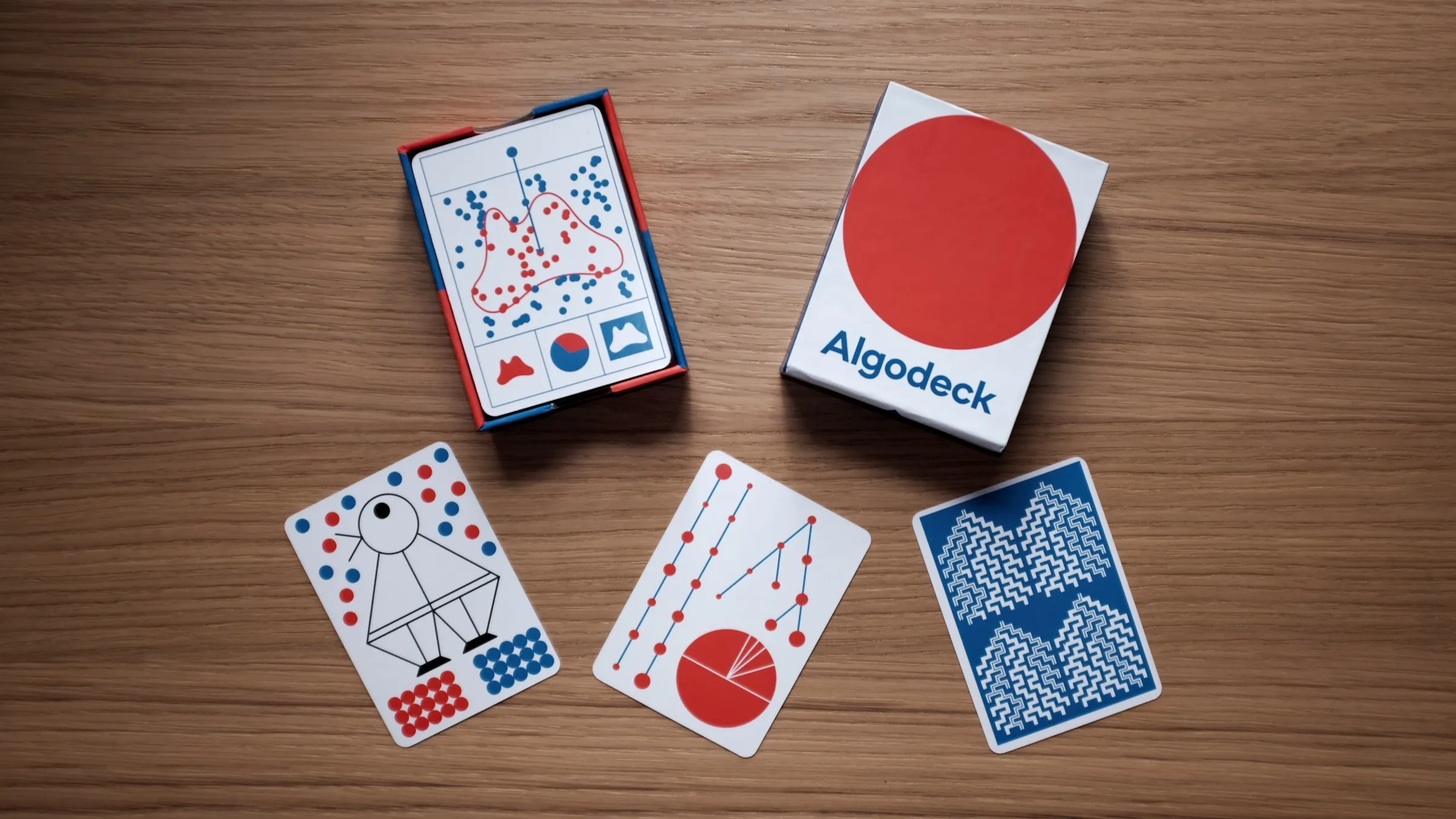 The box and some cards on top of a wooden table.
